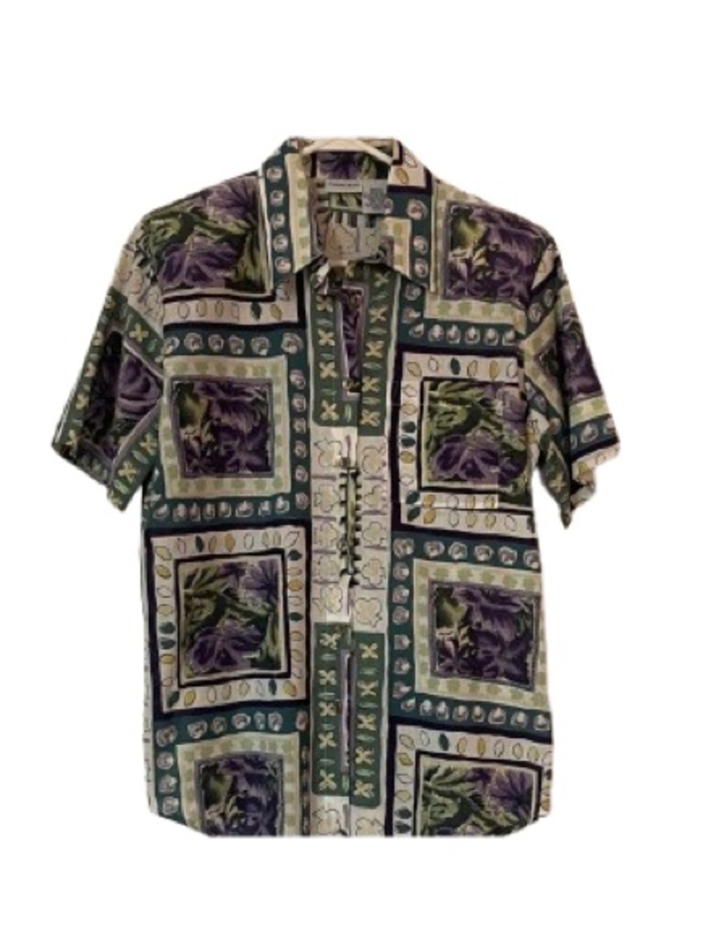 Vtg 90s Cabin Creek Floral Geometric Button-Down Shirt Purple & Green Size M
